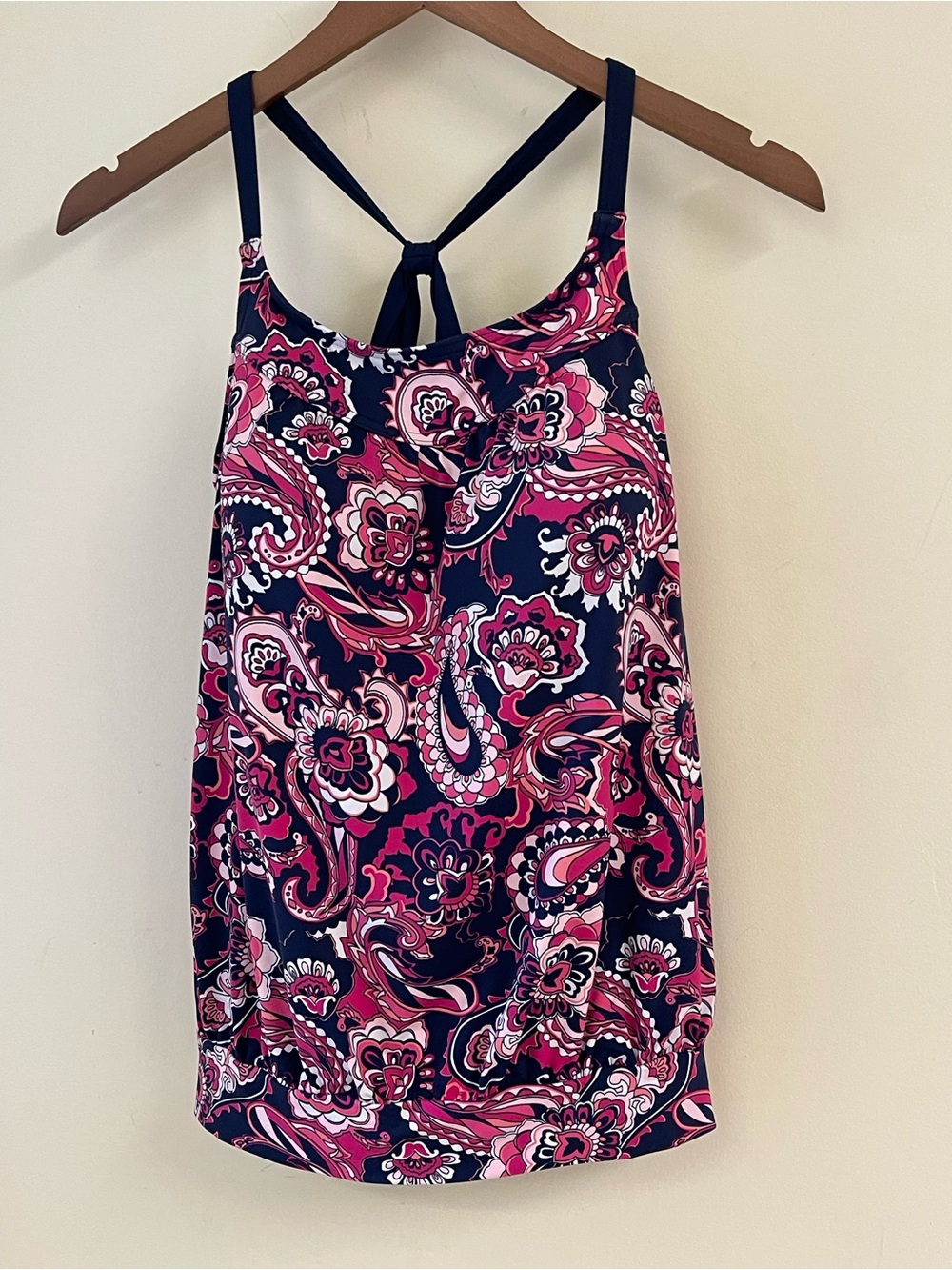 Lands’ End Paisley Racerback Tankini Swim Top Navy Pink Size 6DDD